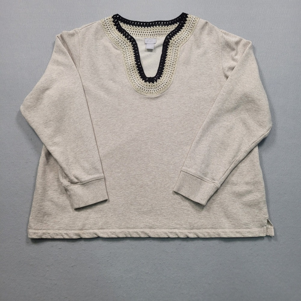 Chicos Zenergy Womens Size 3 Tan Crochet Neck Sweatshirt Pullover 570340012
